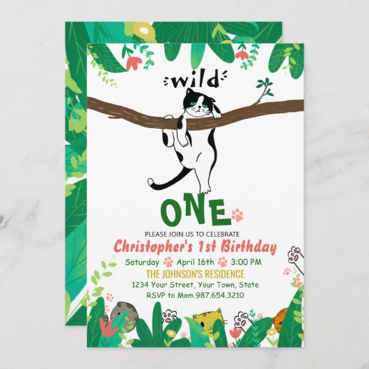 Wild One Tuxedo Kat Kinder 1e verjaardag Uitnodigi Kaart (Voorkant / Achterkant)