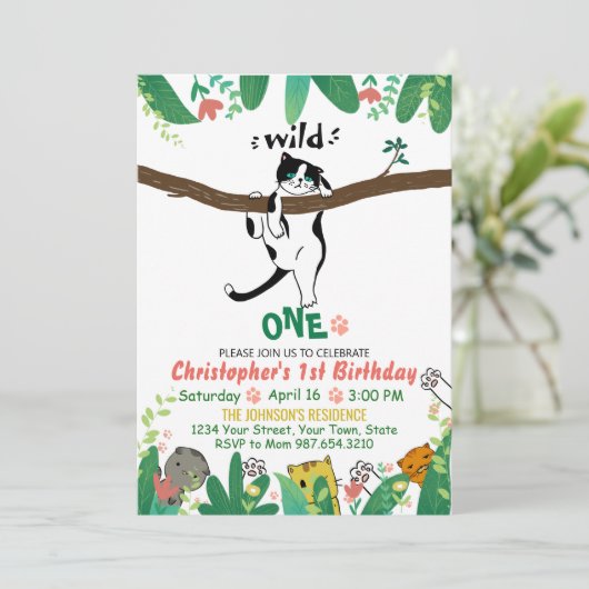 Wild One Tuxedo Kat Kinder 1e verjaardag Uitnodigi Kaart (Staand voorkant)