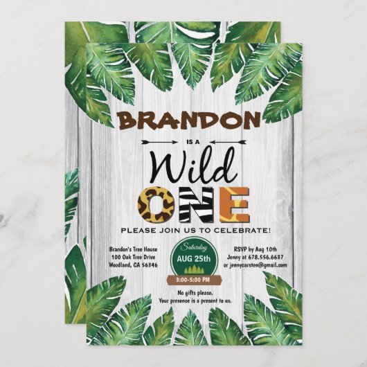 Wild One verjaardagsuitnodiging. Jongen oerwoud Kaart (Voorkant / Achterkant)