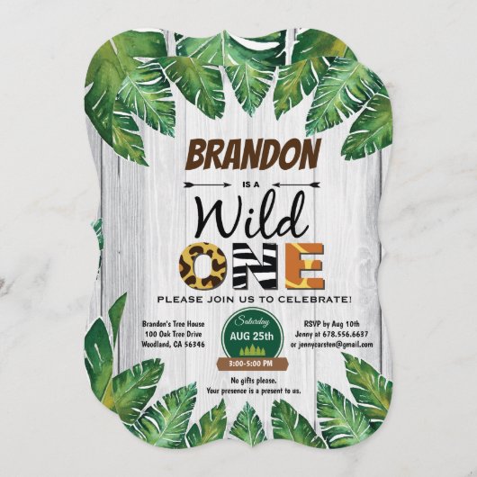 Wild One verjaardagsuitnodiging. Jongen oerwoud Kaart (Voorkant / Achterkant)