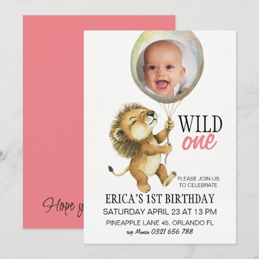 Wild One verjaardagsuitnodiging, Leeuw 1e verjaard Kaart (Voorkant / Achterkant)