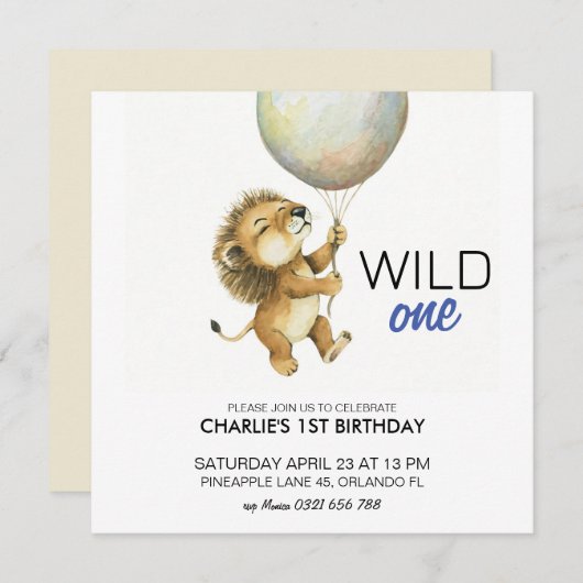 Wild One verjaardagsuitnodiging, Leeuw 1e verjaard Save The Date (Voorkant / Achterkant)