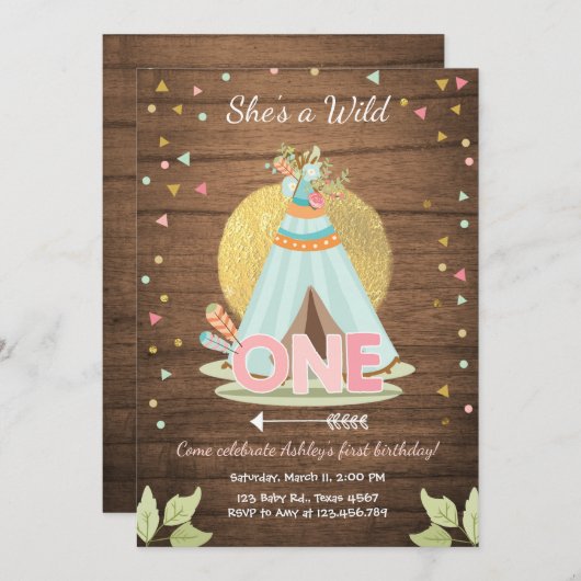 Wild One verjaardagsuitnodiging Teepee Boho Girl H Kaart (Voorkant / Achterkant)