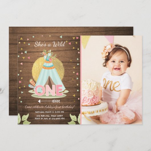 Wild One verjaardagsuitnodiging Teepee Boho Girl W Kaart (Voorkant / Achterkant)