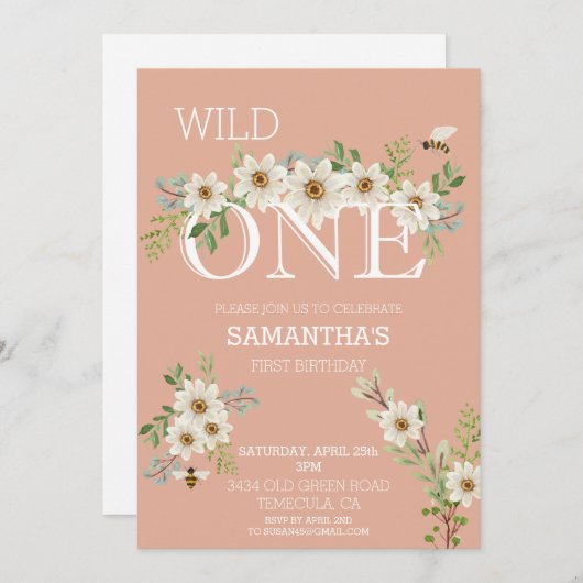 Wild One Waterverf Daisy First 1st Birthday Invit Kaart (Voorkant / Achterkant)