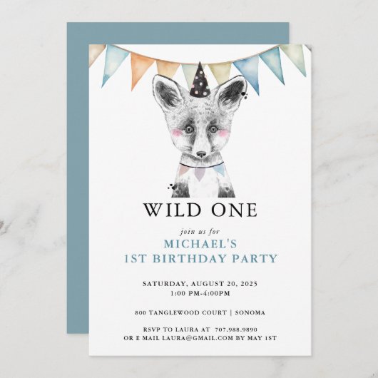 Wild One Waterverf Fox Blue 1e Verjaardag Kaart (Voorkant / Achterkant)