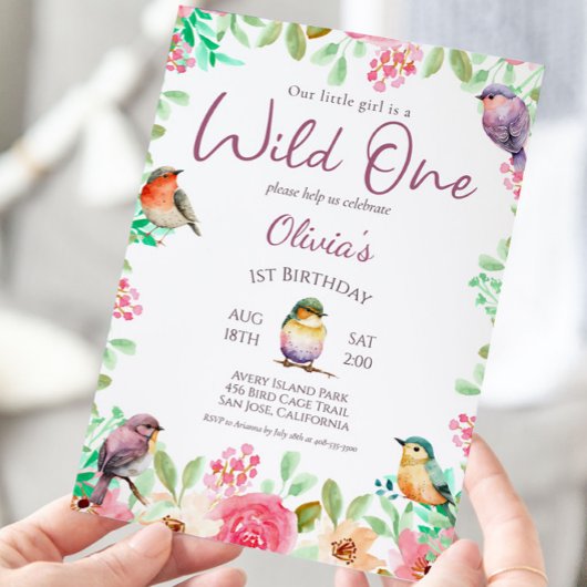 Wild One Waterverf Little Girl Bird 1st Birthday Kaart