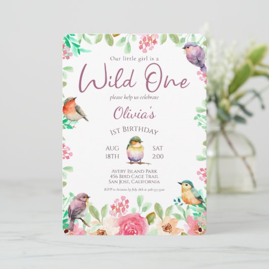 Wild One Waterverf Little Girl Bird 1st Birthday Kaart (Staand voorkant)