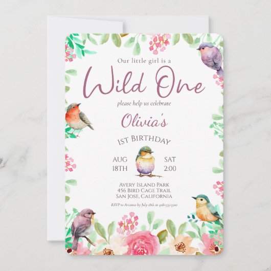 Wild One Waterverf Little Girl Bird 1st Birthday Kaart (Voorkant)