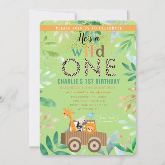 Wild One Waterverf Safari Animals 1ste verjaardag Kaart (Voorkant)