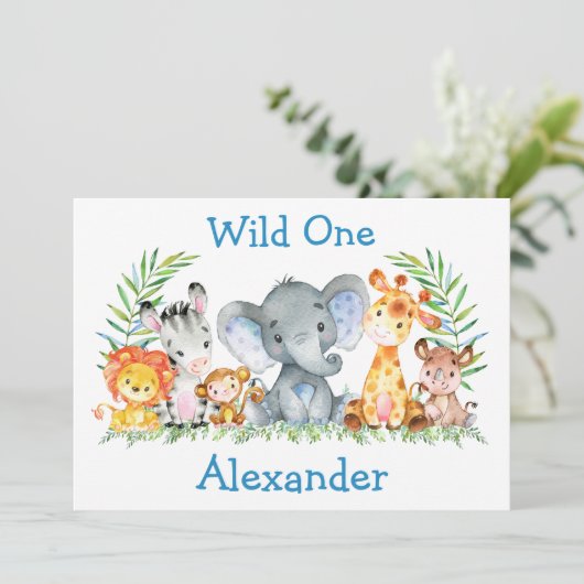 Wild One Waterverf Safari Animals 1ste verjaardag Kaart (Staand voorkant)