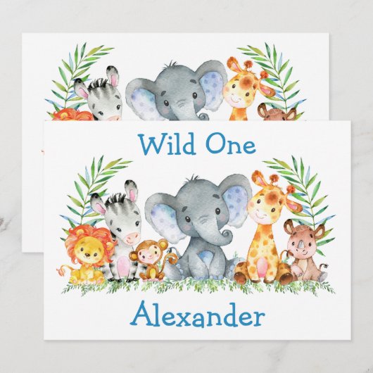 Wild One Waterverf Safari Animals 1ste verjaardag Kaart (Voorkant / Achterkant)