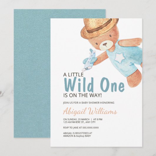 Wild One Waterverf Teddy Bear Baby shower Invitat Kaart (Voorkant / Achterkant)