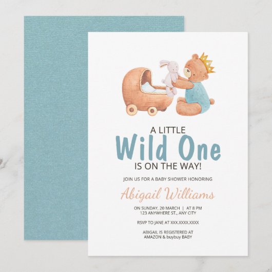 Wild One Waterverf Teddy Bear Baby shower Invitat Kaart (Voorkant / Achterkant)