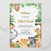 Wild One Whimsical Oerwoud Safari Camping Birthday Folie Uitnodiging (Voorkant)