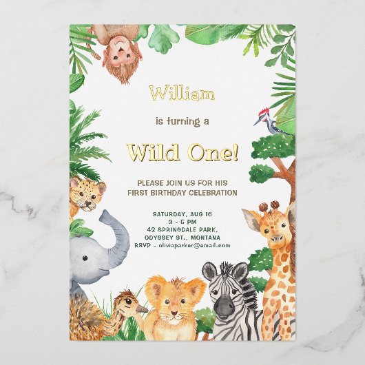 Wild One Whimsical Oerwoud Safari Camping Birthday Folie Uitnodiging (Voorkant)