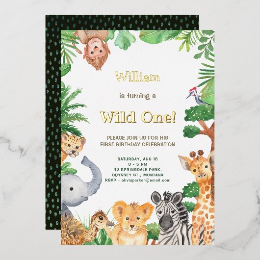 Wild One Whimsical Oerwoud Safari Camping Birthday Folie Uitnodiging (Voorkant / Achterkant)