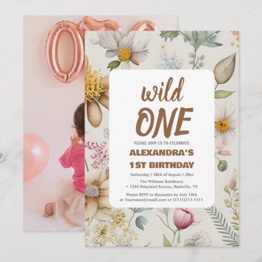Wild One Wildflower 1e verjaardag Kaart (Voorkant / Achterkant)