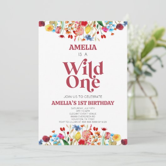 Wild One Wildflower Eerste 1e Verjaardagsfeest Kaart (Staand voorkant)