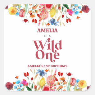 Wild One Wildflower Eerste 1e Verjaardagsfeestje Vierkante Sticker