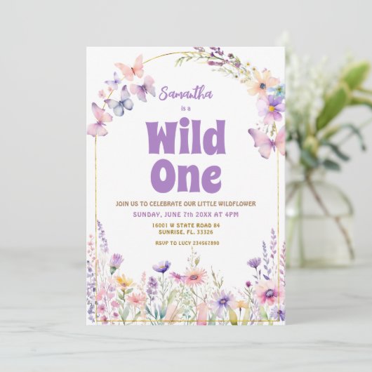 Wild One Wildflower Vlinders 1e Verjaardag Kaart (Staand voorkant)