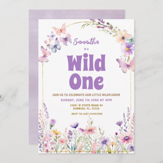Wild One Wildflower Vlinders 1e Verjaardag Kaart (Voorkant / Achterkant)