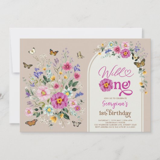 Wild One Wildflower Vlinders 1e Verjaardag Kaart (Voorkant)
