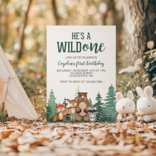 Wild One Woodland Animal First Birthday Invitation Kaart