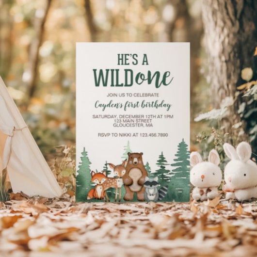 Wild One Woodland Animal First Birthday Invitation Kaart