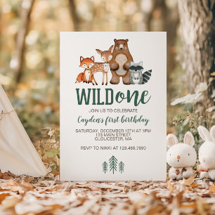 Wild One Woodland Animal First Birthday Invitation Kaart