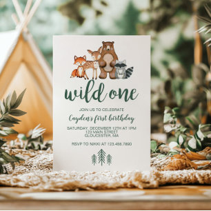Wild One Woodland Animal First Birthday Invitation Kaart