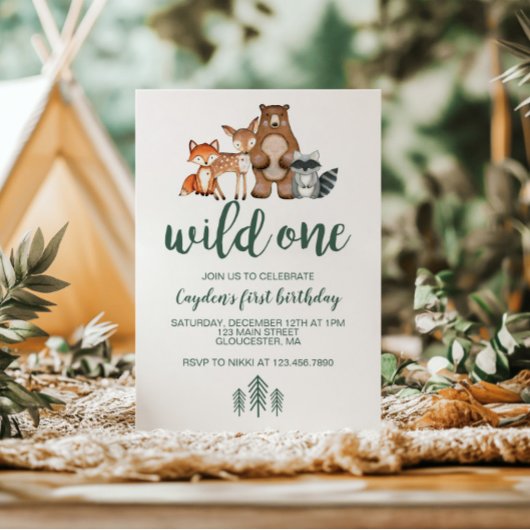 Wild One Woodland Animal First Birthday Invitation Kaart