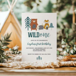 Wild One Woodland Animal First Birthday Invitation Kaart