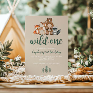 Wild One Woodland Animal First Birthday Invitation Kaart