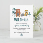 Wild One Woodland Animal First Birthday Invitation Kaart (Staand voorkant)