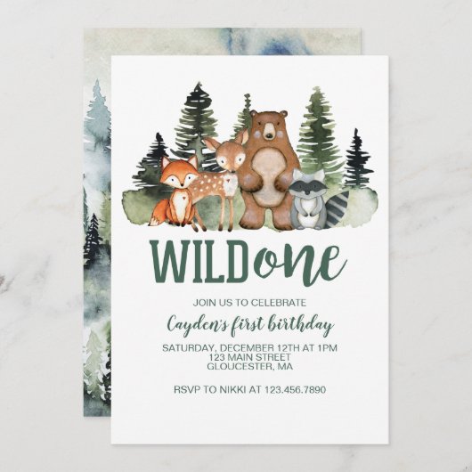 Wild One Woodland Animal First Birthday Kaart (Voorkant / Achterkant)