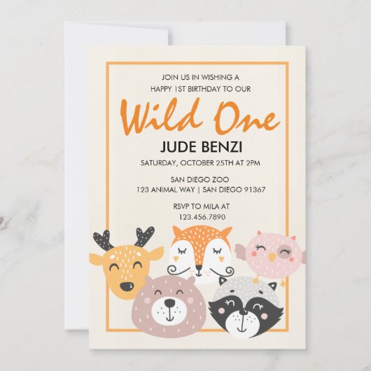Wild One Woodland Animal First Birthday uitnodigin Kaart (Voorkant)