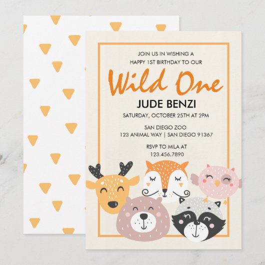 Wild One Woodland Animal First Birthday uitnodigin Kaart (Voorkant / Achterkant)