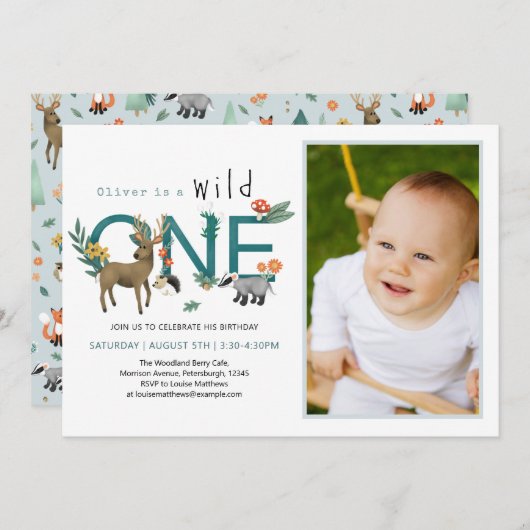 Wild One Woodland Animals 1st Birthday Foto Kaart (Voorkant / Achterkant)
