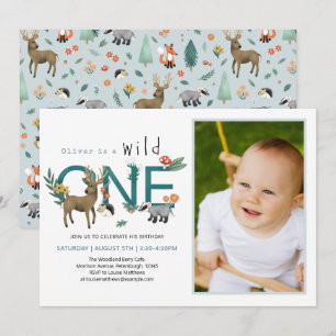 Wild One Woodland Animals 1st Birthday Foto Kaart