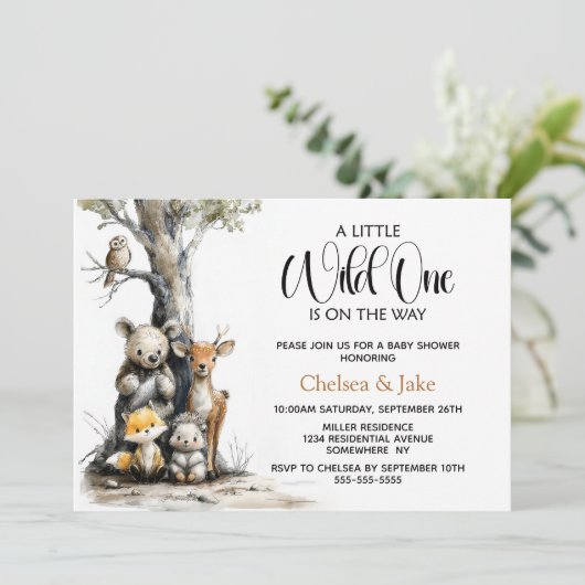 Wild One Woodland Animals Baby Shower Invitation Kaart (Staand voorkant)