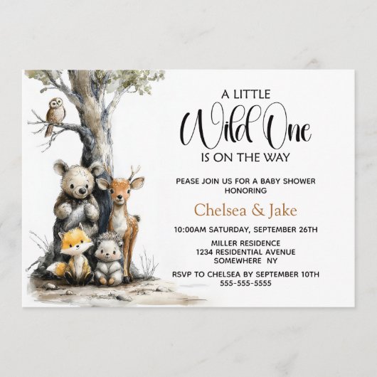 Wild One Woodland Animals Baby Shower Invitation Kaart (Voorkant)
