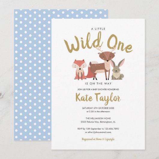 Wild One Woodland Animals Blue Baby shower Kaart (Voorkant / Achterkant)