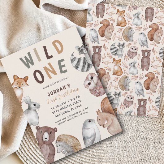 Wild One Woodland Animals First Birthday Party Kaart