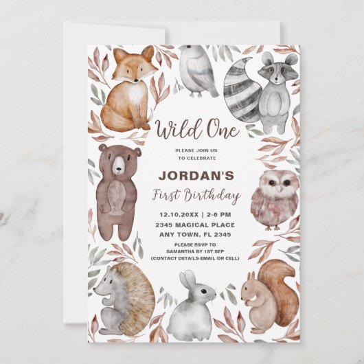 Wild One Woodland Animals First Birthday Party Kaart (Voorkant)