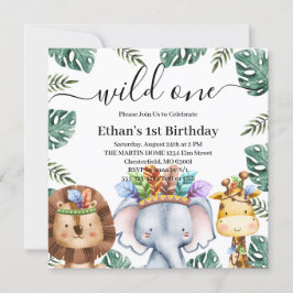 Wild One Woodland Animals Forest 1st Birthday Invi Kaart