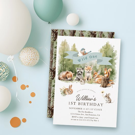 Wild One Woodland Animals Forest Boy 1st Birthday Kaart