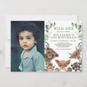 Wild One Woodland Animals Greenery Birthday Foto Kaart (Voorkant)