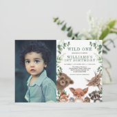 Wild One Woodland Animals Greenery Birthday Foto Kaart (Staand voorkant)