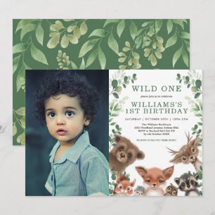 Wild One Woodland Animals Greenery Birthday Foto Kaart